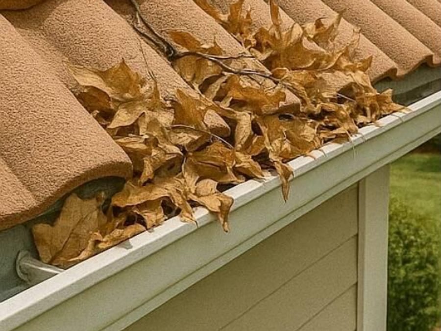 Blocked gutters cleared, before